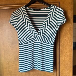 BCBGMaxAzria Teal and White Striped V-Neck Cap Sleeve Top